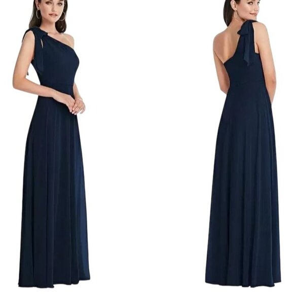 NEW After Six Draped One-Shoulder Maxi Dress with Scarf Bow in Midnight Navy, 6 - Picture 2 of 10